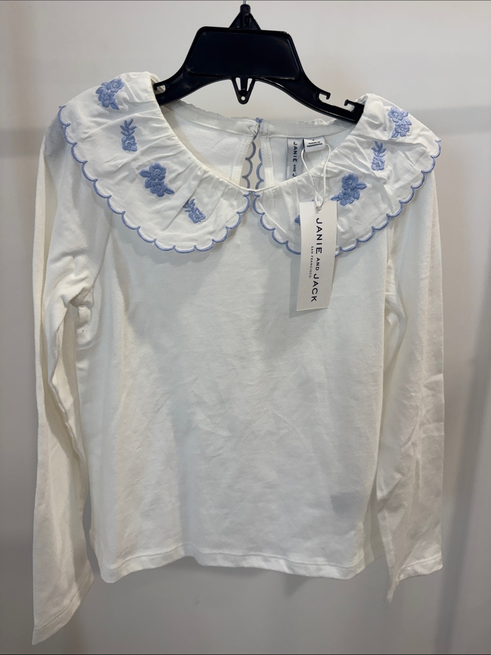 Janie and Jack White Long-Sleeve Top with Blue Embroidered Peter Pan Collar